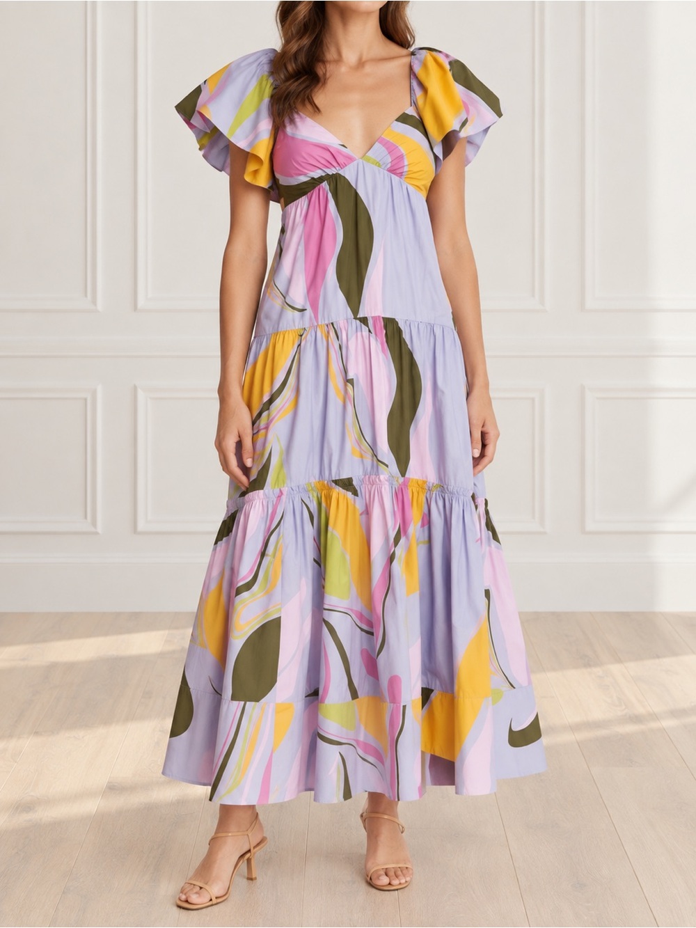 NWT La Ligne Stella Dress S Lavender Abstract Print Ruffle Tiered Cotton Maxi